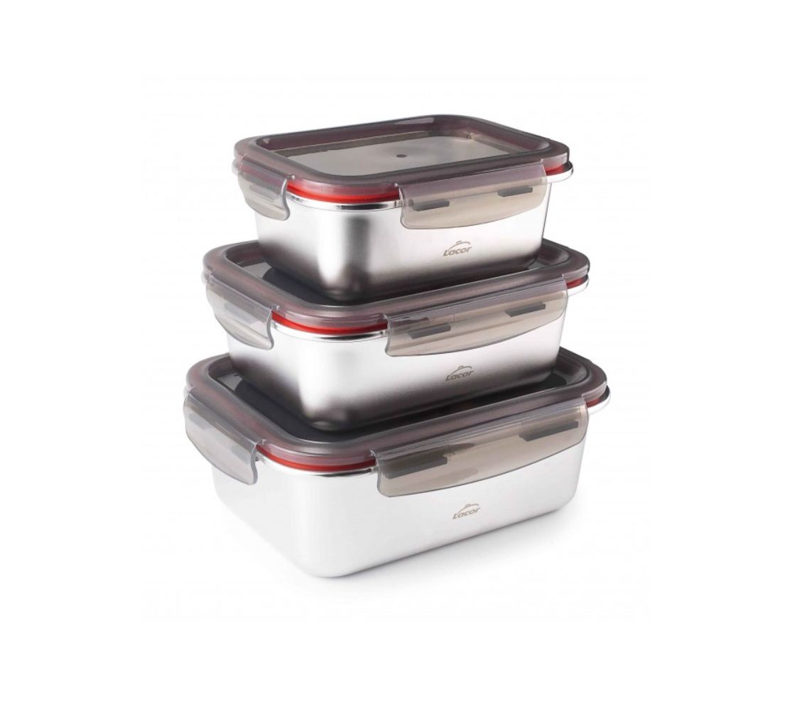 SET 3 RECIPIENTES INOX APTOS P MICROONDAS  800,1200,1800 ML